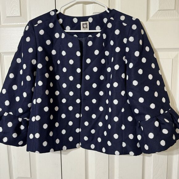 EUC Anne Klein Women's Cropped Polka Dot Jacket Navy/White  Bell Sleeves-Size M - Picture 1 of 5